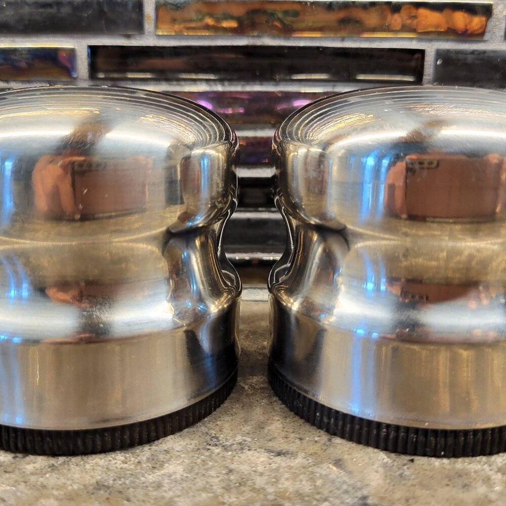 VINTAGE STAINLESS STEEL 18-8 DANISH SALT & PEPPER SHAKERS MADE IN DENMARK 1970s